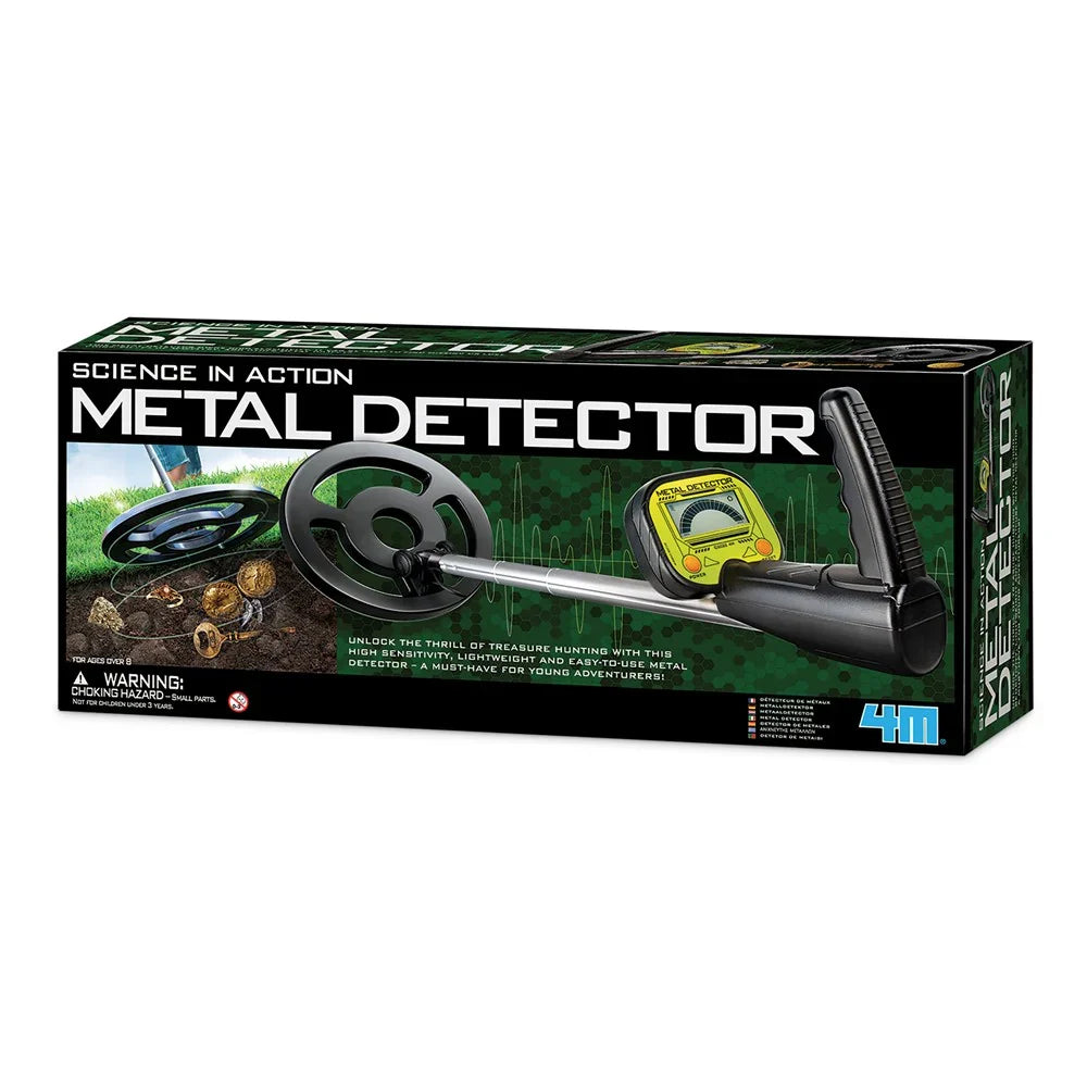 Metal detector science kit box showing handheld detector and round search coil