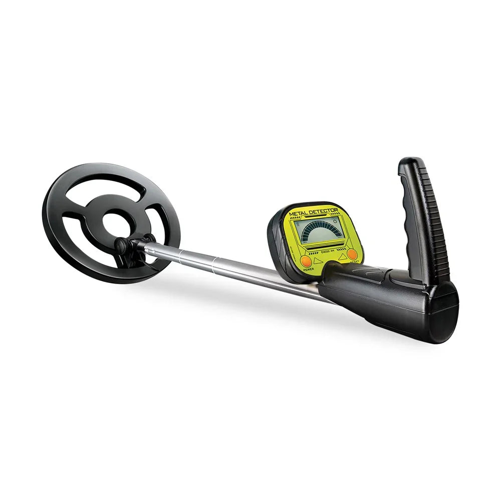 Yellow handheld metal detector with round search coil and extendable shaft