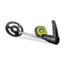 Yellow handheld metal detector with round search coil and extendable shaft