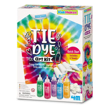 Tie dye art kit box with colorful dye bottles and instructions