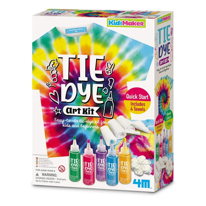 Tie dye art kit box with colorful dye bottles and instructions