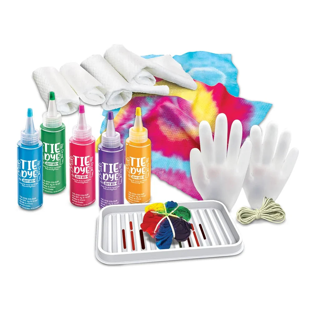 Tie dye art supplies set: dye bottles, gloves, tray, and rubber bands