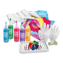 Tie dye art supplies set: dye bottles, gloves, tray, and rubber bands