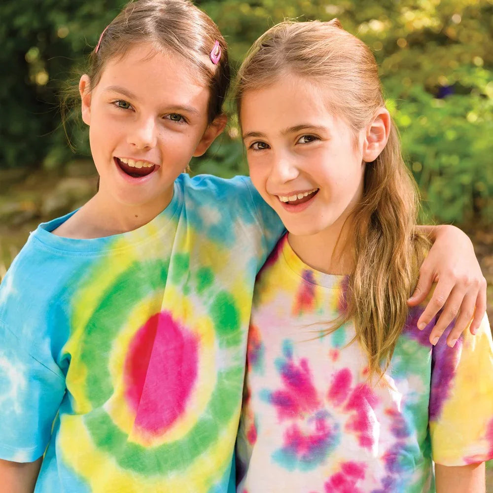 Kids tie dye t-shirts in blue, green, yellow, and pink swirls