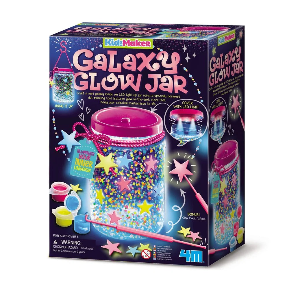 KidzMaker Galaxy Glow Jar craft kit, boxed with colorful star-pattern jar