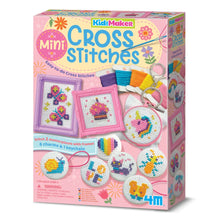Mini cross-stitch buttons craft kit with framed designs and keychain rings