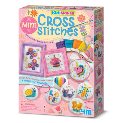 Mini cross-stitch buttons craft kit with framed designs and keychain rings
