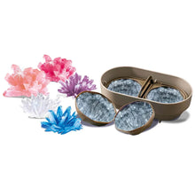 Crystal growing kit tray with blue, pink, purple, and white crystal pieces