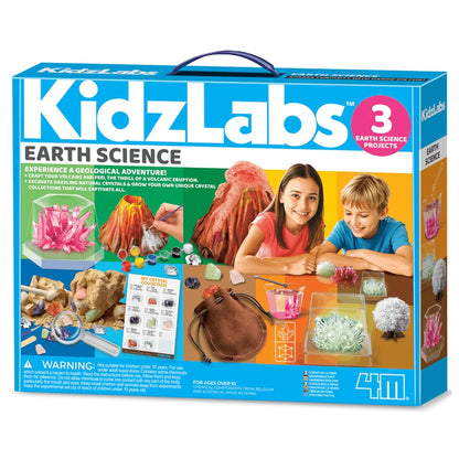 Kids Earth Science steam powered kit retail box with volcano and crystal project theme