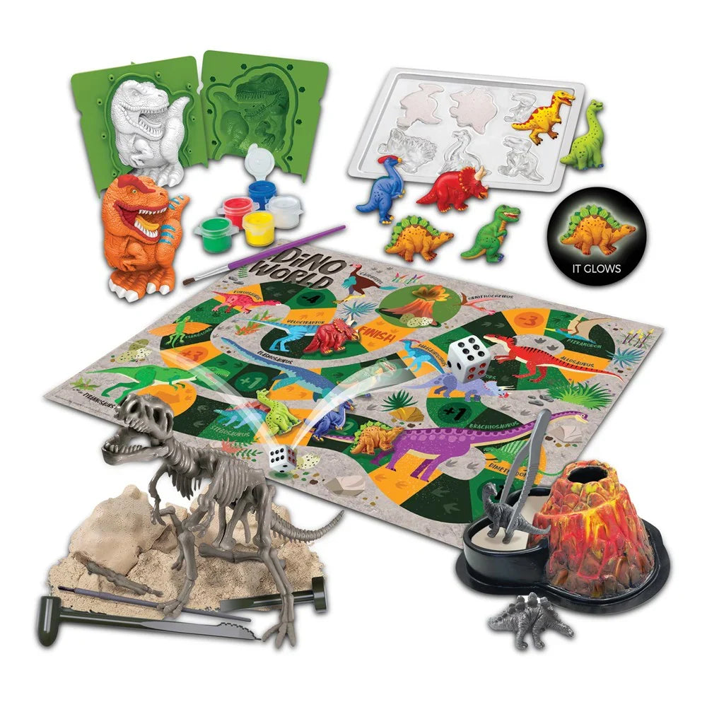 STEAM dinosaur model-making kit with molds, paints, and dinosaur figures