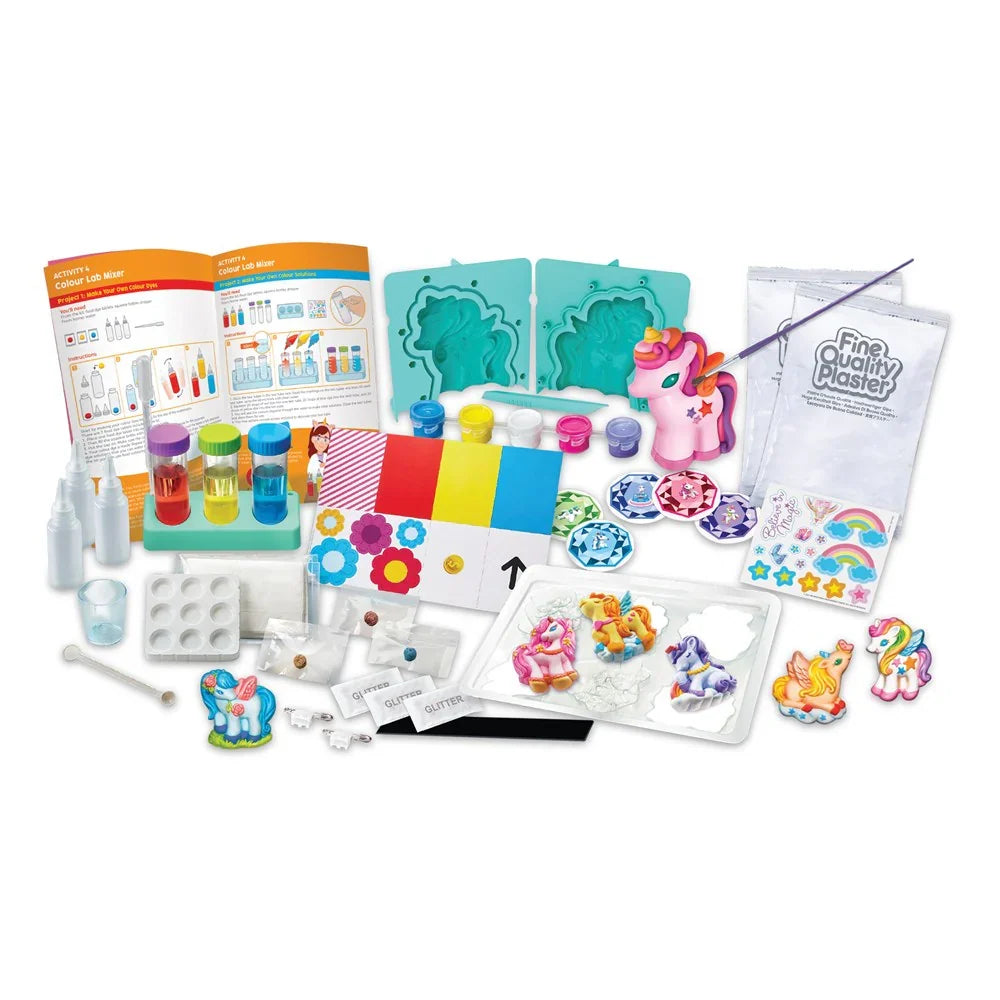 Rainbow unicorns craft kit with foam pieces, paints, and tools