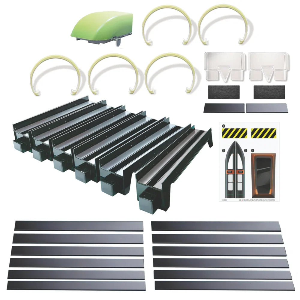 Maglev track set parts: black rails, green/white curved wires, and instruction sheets