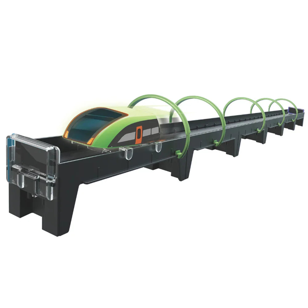 Magnetic maglev track set with dark rails and green curved supports
