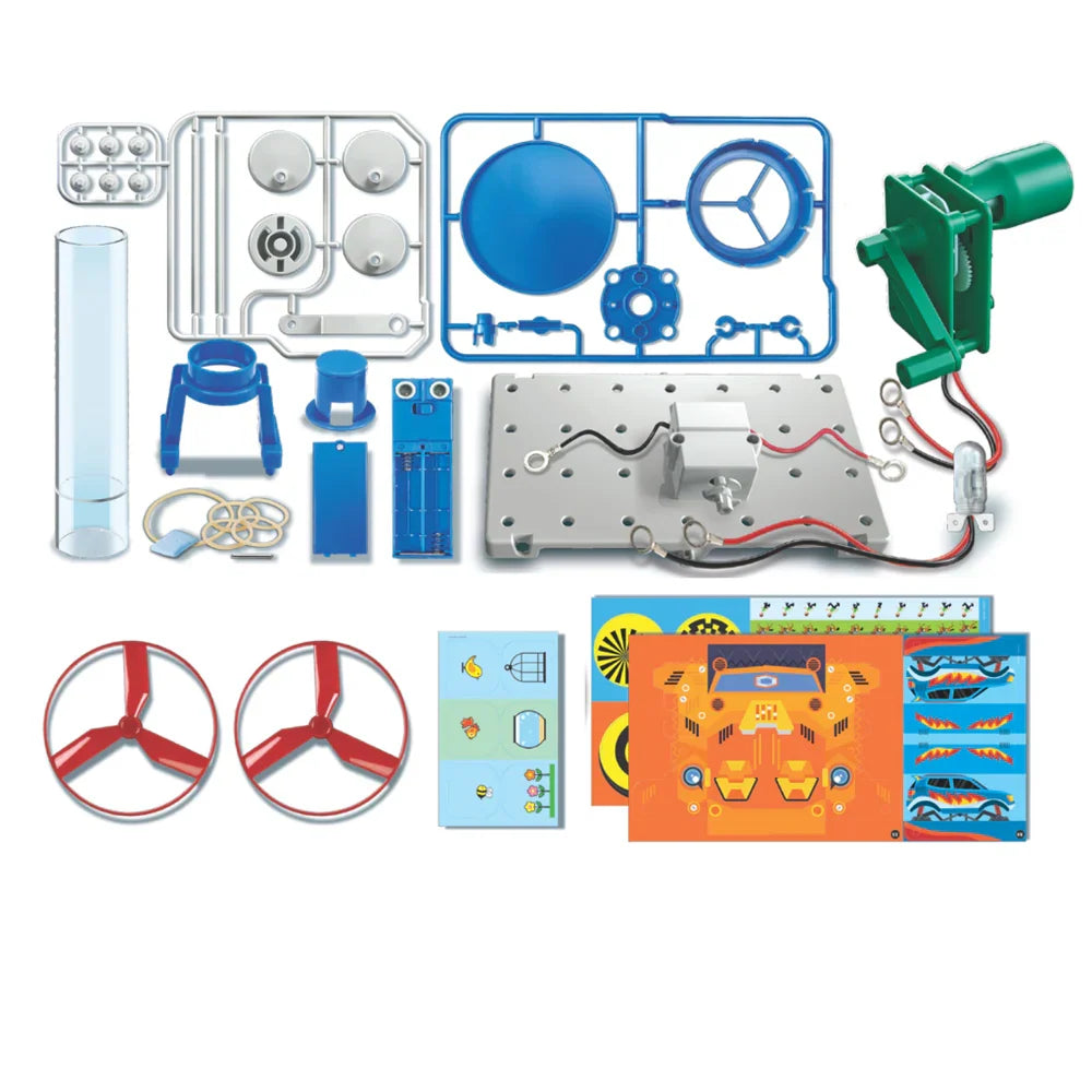 KidZLabs mega motor science kit parts tray, green motor piece, and propellers