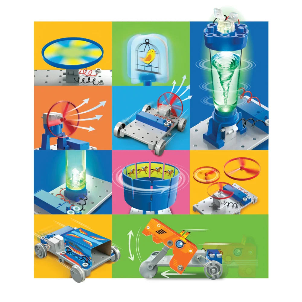 KidZLabs mega motor science kit with multiple build components and spinning propellers
