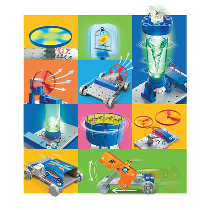 KidZLabs mega motor science kit with multiple build components and spinning propellers