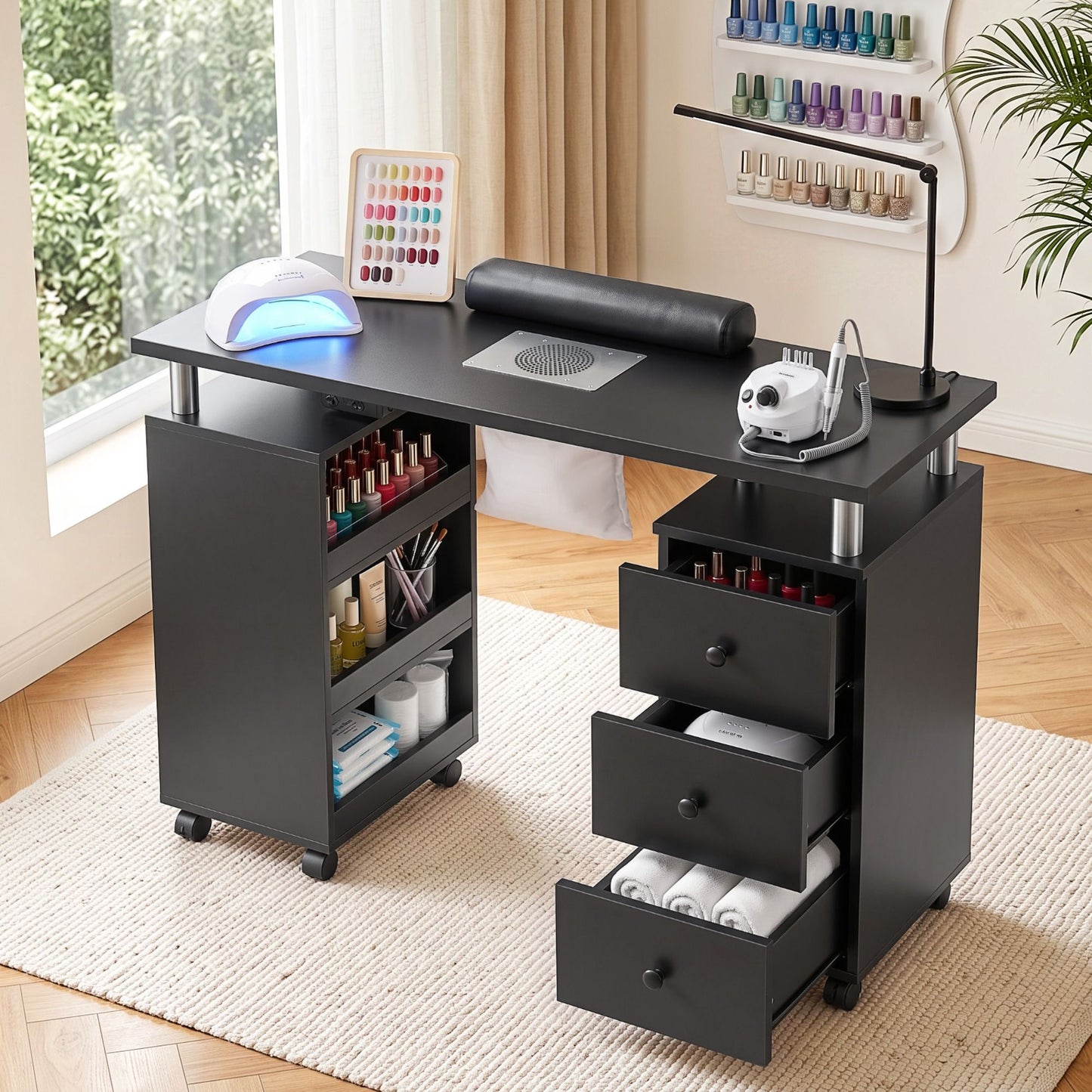 Light Gray Artiss Manicure Table Nail Desk with Built-in Dust Collector Beauty Salon Station Drawers Shelves Wrist Cushion Wheels Black Craft Storage & Lighting
