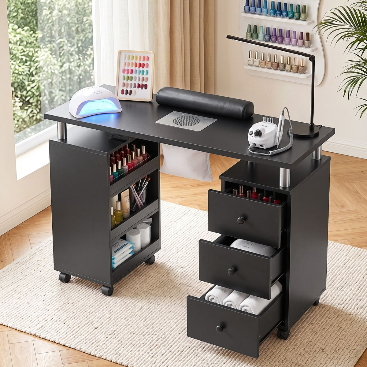 Light Gray Artiss Manicure Table Nail Desk with Built-in Dust Collector Beauty Salon Station Drawers Shelves Wrist Cushion Wheels Black Craft Storage & Lighting