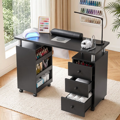 Light Gray Artiss Manicure Table Nail Desk with Built-in Dust Collector Beauty Salon Station Drawers Shelves Wrist Cushion Wheels Black Craft Storage & Lighting