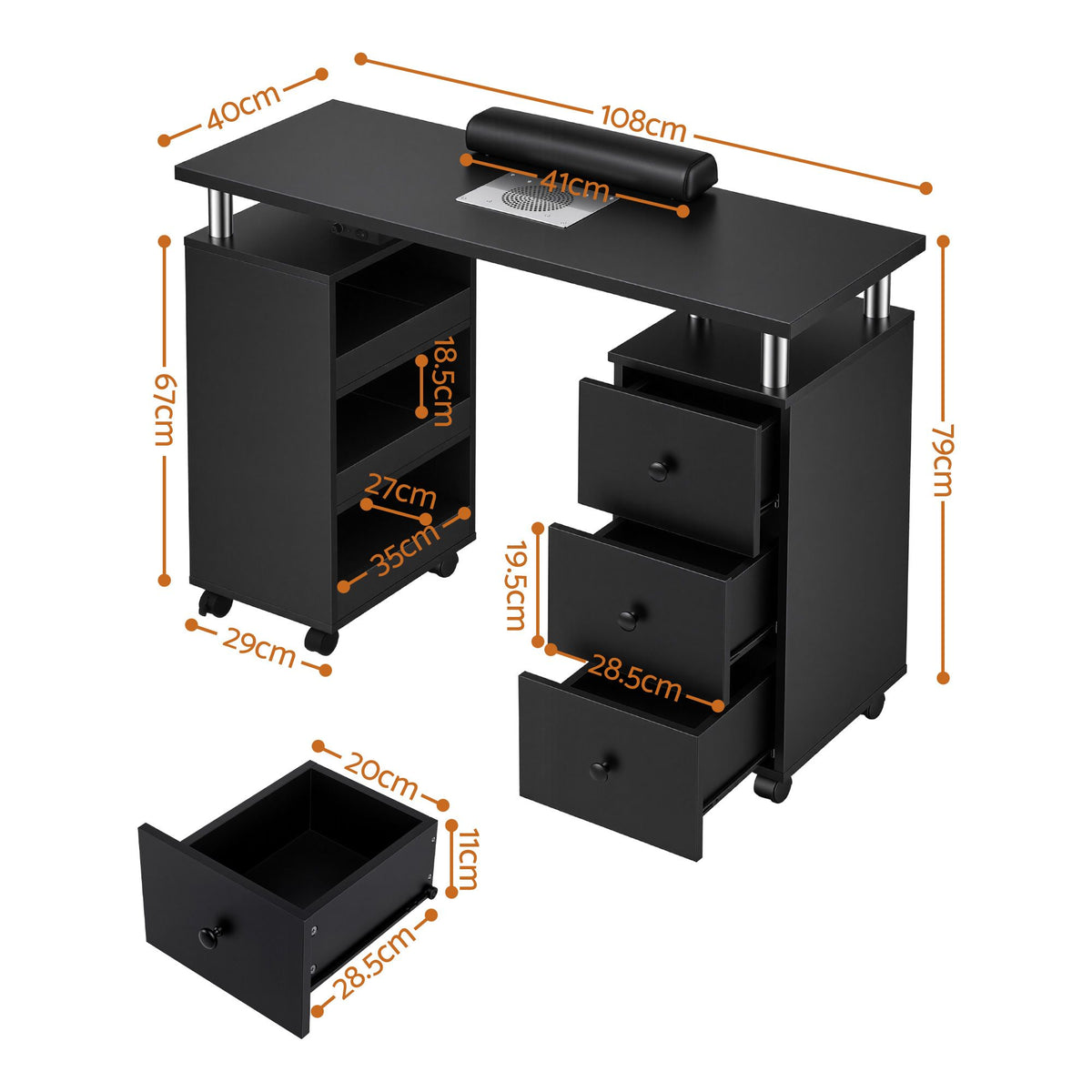 White Smoke Artiss Manicure Table Nail Desk with Built-in Dust Collector Beauty Salon Station Drawers Shelves Wrist Cushion Wheels Black Craft Storage & Lighting