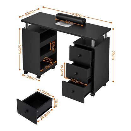 White Smoke Artiss Manicure Table Nail Desk with Built-in Dust Collector Beauty Salon Station Drawers Shelves Wrist Cushion Wheels Black Craft Storage & Lighting