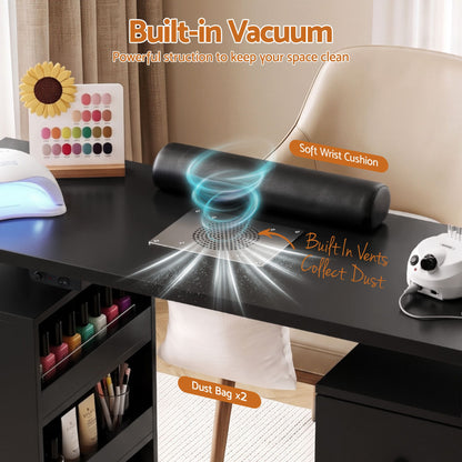 Black Artiss Manicure Table Nail Desk with Built-in Dust Collector Beauty Salon Station Drawers Shelves Wrist Cushion Wheels Black Craft Storage & Lighting