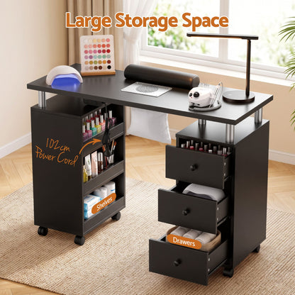 Gray Artiss Manicure Table Nail Desk with Built-in Dust Collector Beauty Salon Station Drawers Shelves Wrist Cushion Wheels Black Craft Storage & Lighting