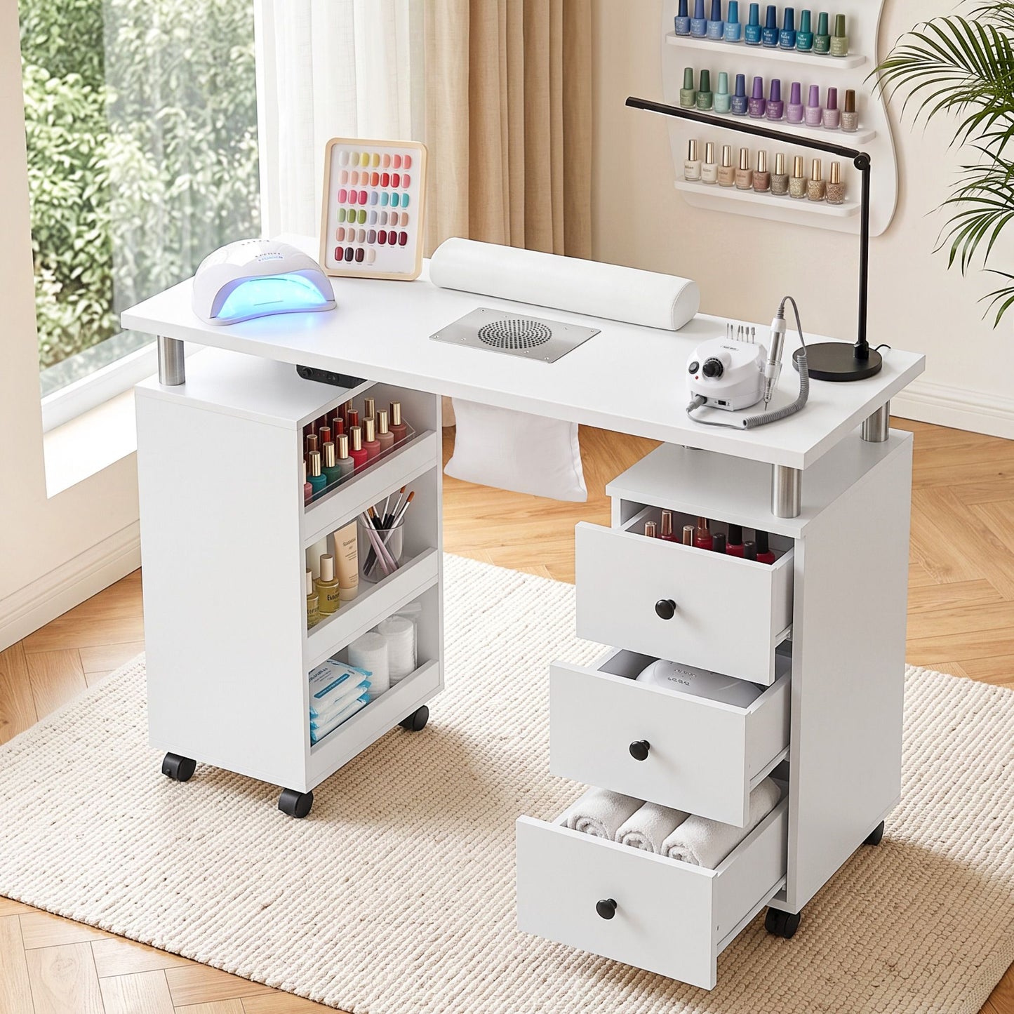 Lavender Artiss Manicure Table Nail Desk with Built-in Dust Collector Beauty Salon Station Drawers Shelves Wrist Cushion Wheels White Craft Storage & Lighting