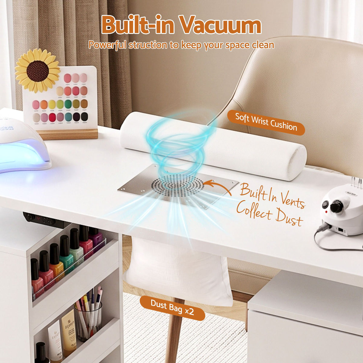 Lavender Artiss Manicure Table Nail Desk with Built-in Dust Collector Beauty Salon Station Drawers Shelves Wrist Cushion Wheels White Craft Storage & Lighting