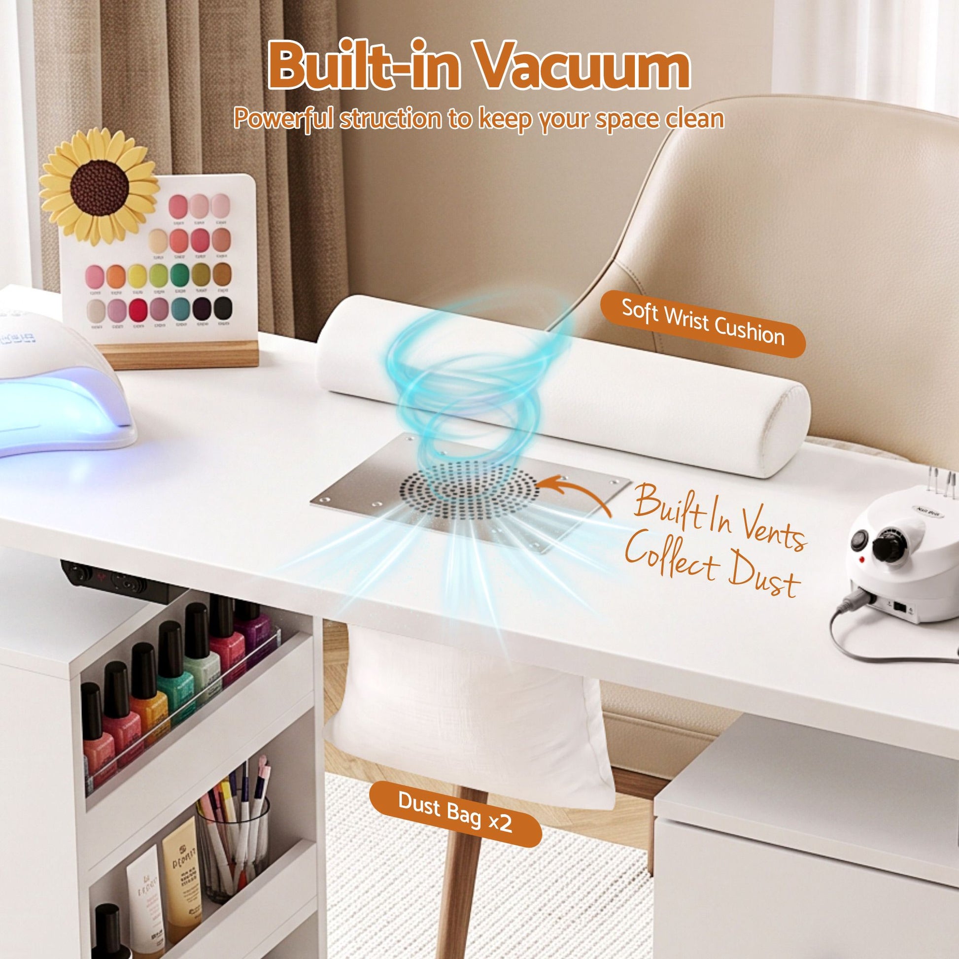 Lavender Artiss Manicure Table Nail Desk with Built-in Dust Collector Beauty Salon Station Drawers Shelves Wrist Cushion Wheels White Craft Storage & Lighting