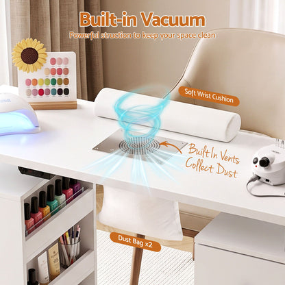 Lavender Artiss Manicure Table Nail Desk with Built-in Dust Collector Beauty Salon Station Drawers Shelves Wrist Cushion Wheels White Craft Storage & Lighting