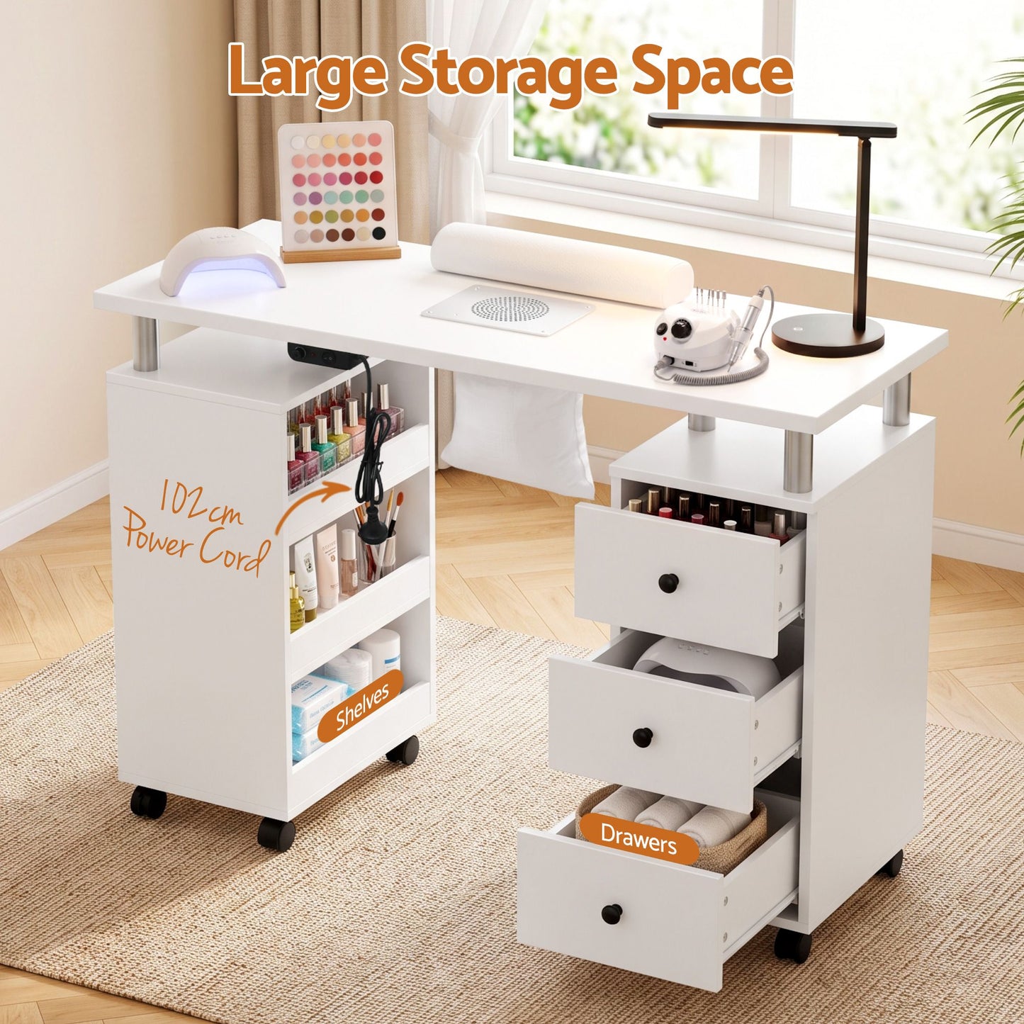 Gray Artiss Manicure Table Nail Desk with Built-in Dust Collector Beauty Salon Station Drawers Shelves Wrist Cushion Wheels White Craft Storage & Lighting