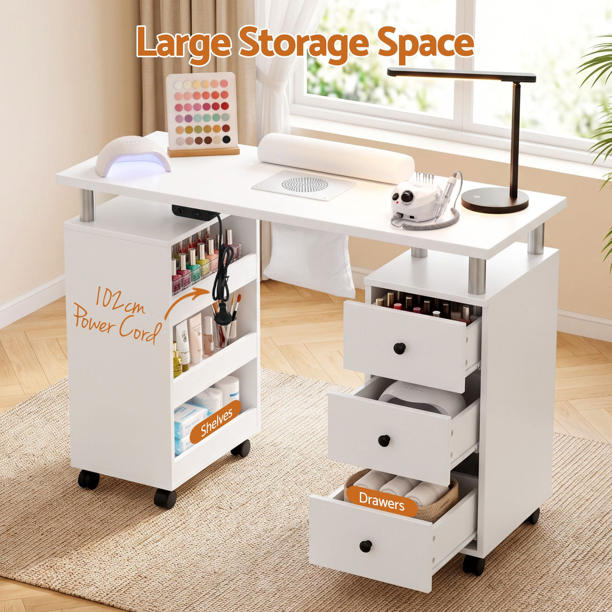Gray Artiss Manicure Table Nail Desk with Built-in Dust Collector Beauty Salon Station Drawers Shelves Wrist Cushion Wheels White Craft Storage & Lighting