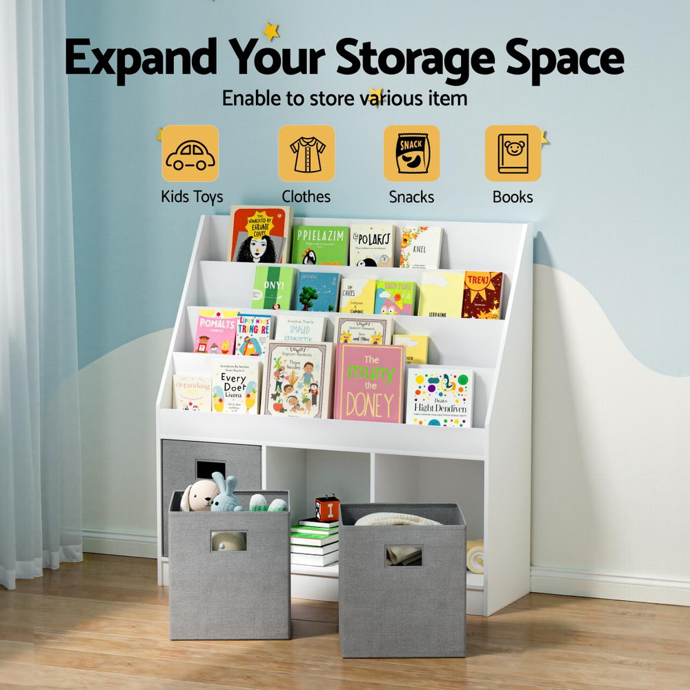 Light Gray Keezi Kids Bookshelf 4 Tiers Magazine Rack Toy Box Organiser Storage Display Shelf Baby & Kids > Kid's Furniture > Kid's Bookcases & Shelves
