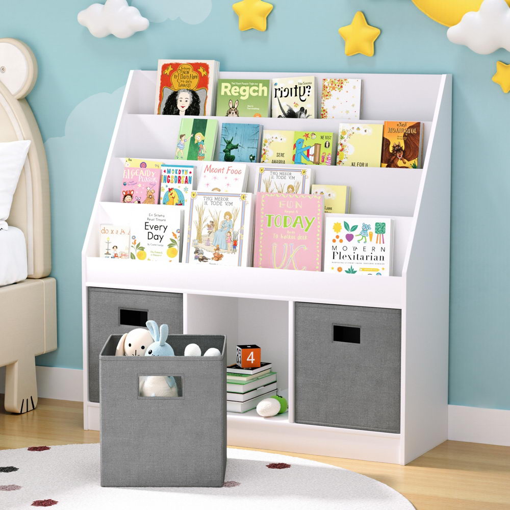 White Smoke Keezi Kids Bookshelf 4 Tiers Magazine Rack Toy Box Organiser Storage Display Shelf Baby & Kids > Kid's Furniture > Kid's Bookcases & Shelves