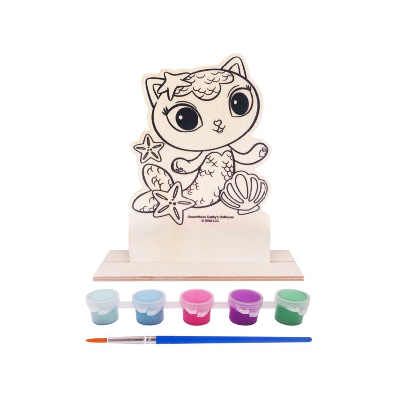Paint-your-own wooden character cutout of a cat, with paint jars and brush