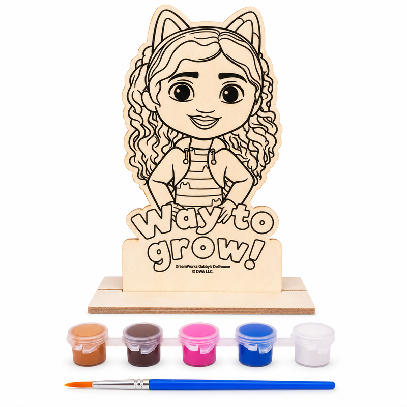 Paint-your-own wooden character cutout of a girl with “Way to grow!” and paint jars
