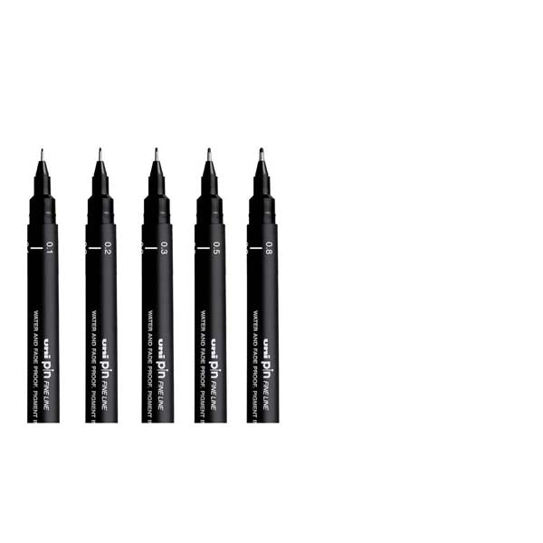 White Smoke UNI PIN Fineliner, Assorted Nib Sizes, Black Ink, Pk5 Pens and Markers