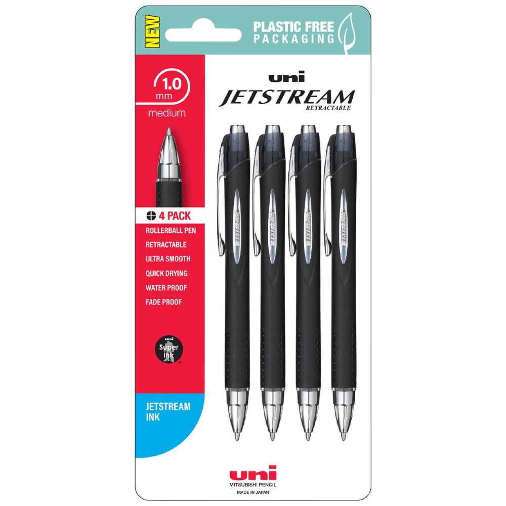 White Smoke UNI Jetstream SXN210 Retractable Rollerball Pen 1.0mm, Black - 4 Pack Rollerball Pens