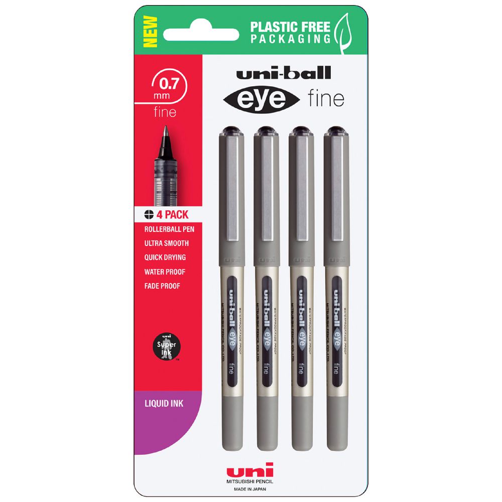 White Smoke UNI-BALL Eye Fine UB157 Rollerball Pen 0.7mm, Black - 4 Pack Rollerball Pens