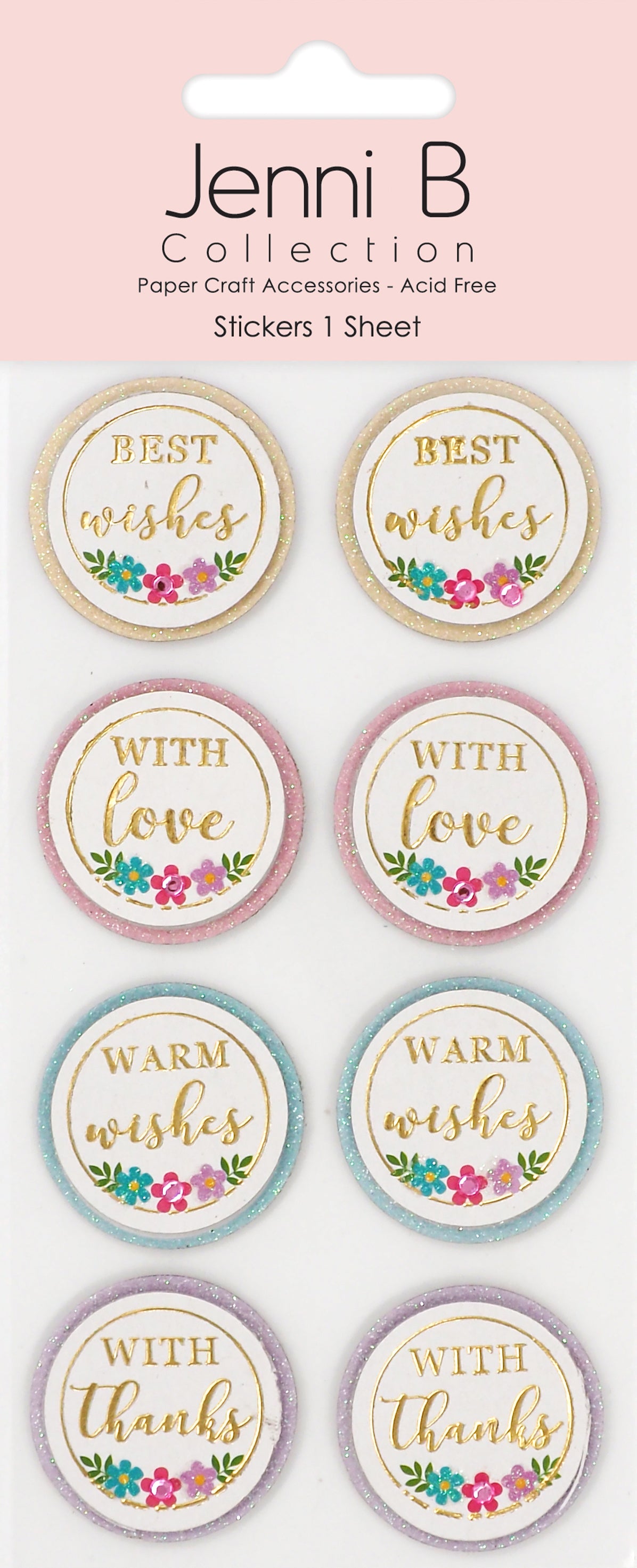 Misty Rose Jenni B Sticker Best Wishes Sparkle 8Pc Paper Craft