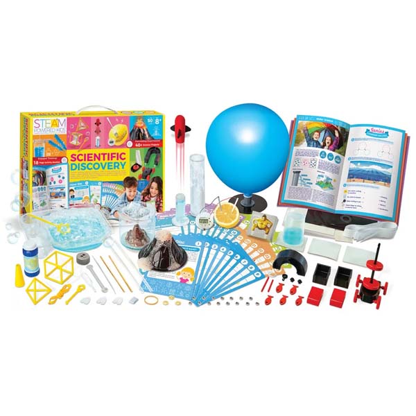 4M scientific discovery kit contents with blue balloon, tools, parts, and open booklet