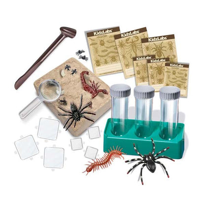 Insect excavation lab kit with specimen vials, magnifier, tweezers, and specimen cards