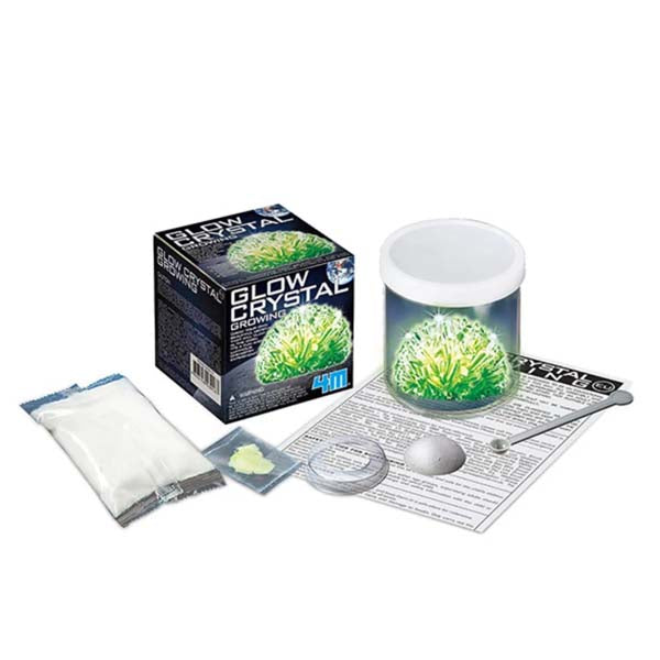 Glow crystal growing kit contents: boxed set, jar, tray, and crystal materials