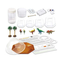 Crystal growing kit parts: containers, molds, dinosaur figures, tools, and instructions