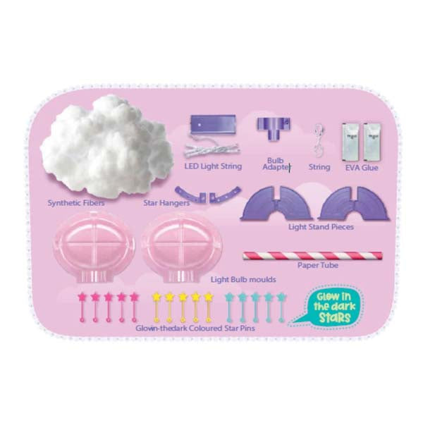 DIY cloud light kit contents: fluffy cloud fiber, LED string, light stand parts, star pins