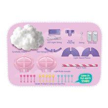 DIY cloud light kit contents: fluffy cloud fiber, LED string, light stand parts, star pins