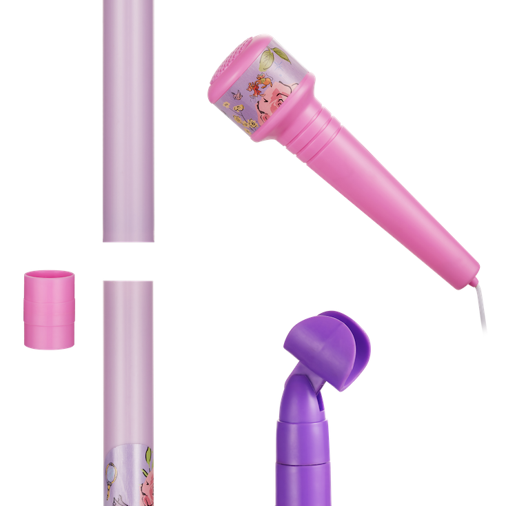Aux microphone parts: purple stand pole, pink mic, cable and character cap