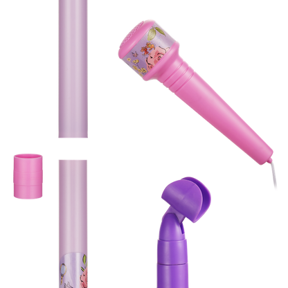 Aux microphone parts: purple stand pole, pink mic, cable and character cap