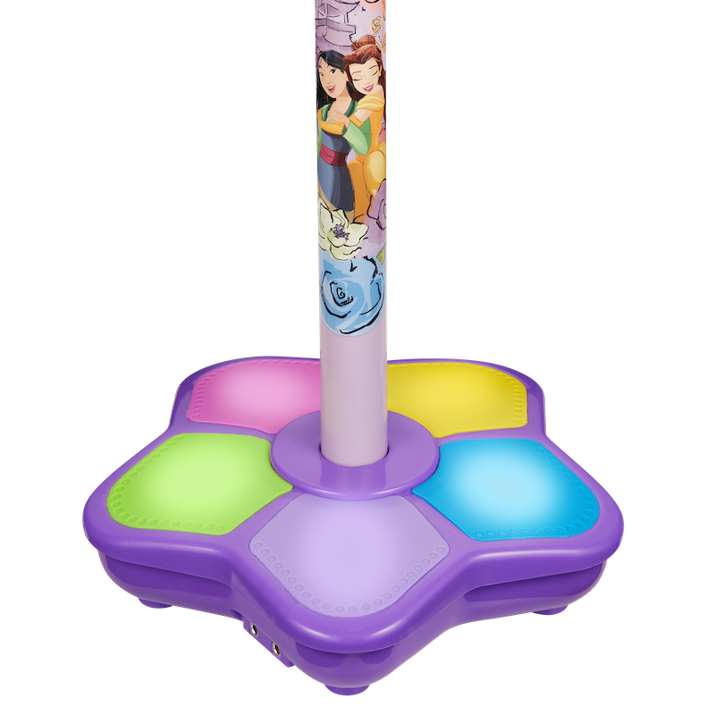 Child aux microphone on stand with purple base and colorful character graphic